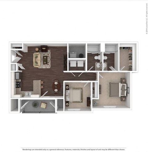 Floor plan for 2 beds, 2 baths, 1118 sqft